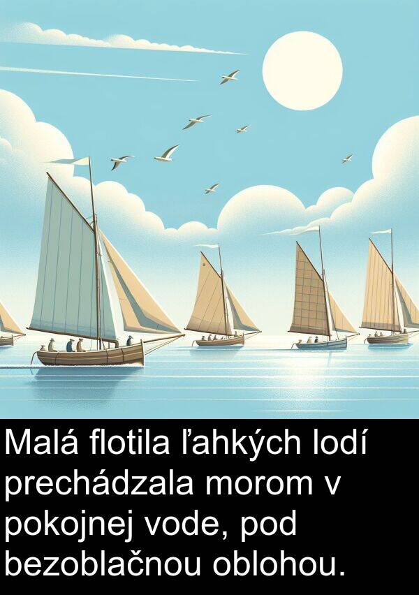 pokojnej: Malá flotila ľahkých lodí prechádzala morom v pokojnej vode, pod bezoblačnou oblohou.