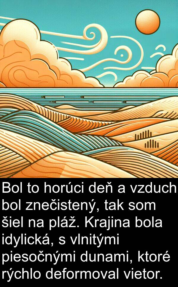 šiel: Bol to horúci deň a vzduch bol znečistený, tak som šiel na pláž. Krajina bola idylická, s vlnitými piesočnými dunami, ktoré rýchlo deformoval vietor.