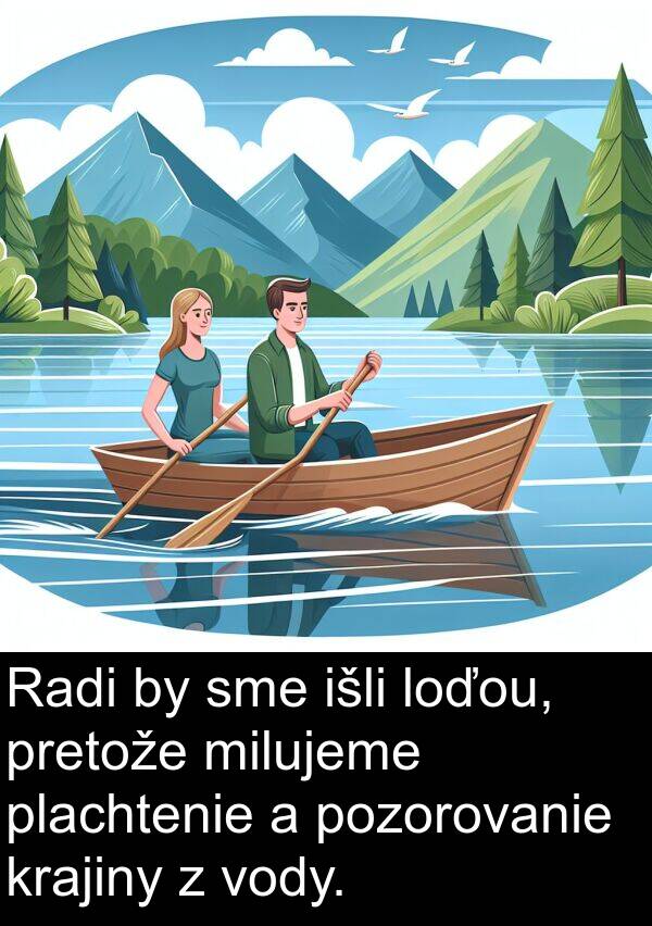 išli: Radi by sme išli loďou, pretože milujeme plachtenie a pozorovanie krajiny z vody.