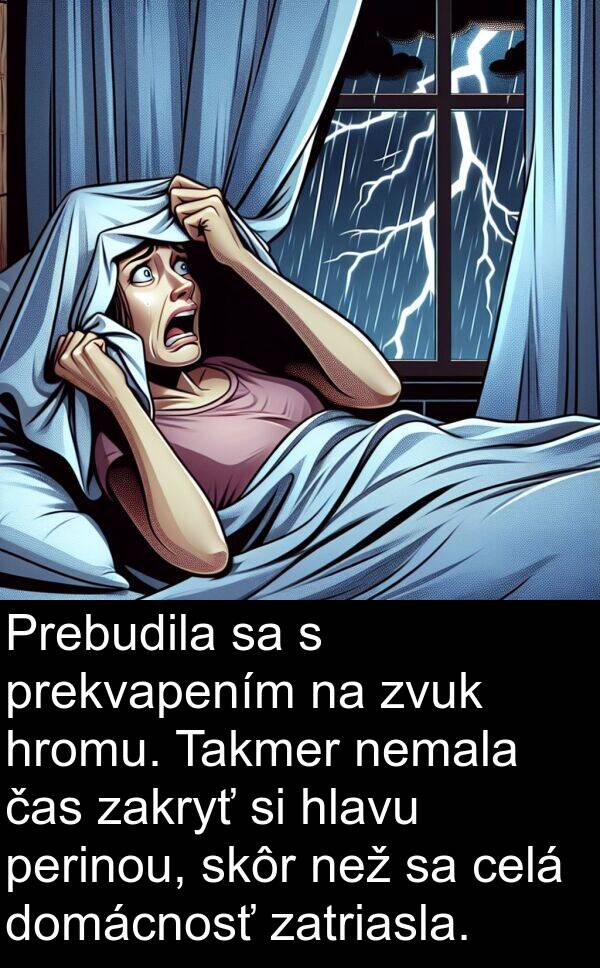 hlavu: Prebudila sa s prekvapením na zvuk hromu. Takmer nemala čas zakryť si hlavu perinou, skôr než sa celá domácnosť zatriasla.