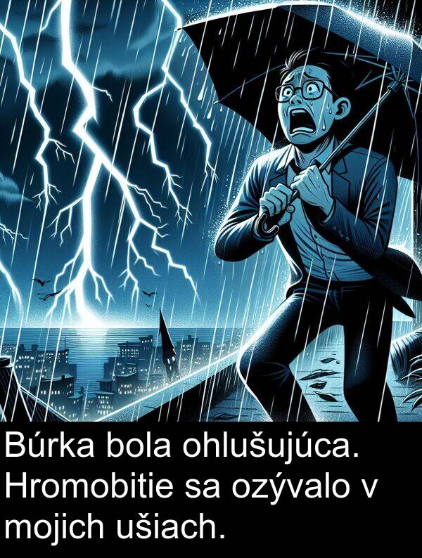 ozývalo: Búrka bola ohlušujúca. Hromobitie sa ozývalo v mojich ušiach.