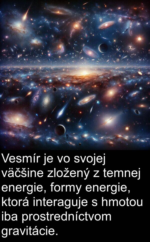 energie: Vesmír je vo svojej väčšine zložený z temnej energie, formy energie, ktorá interaguje s hmotou iba prostredníctvom gravitácie.