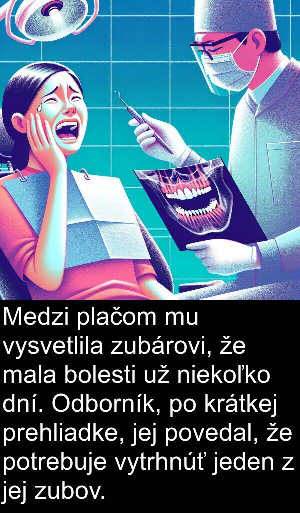 bolesti: Medzi plačom mu vysvetlila zubárovi, že mala bolesti už niekoľko dní. Odborník, po krátkej prehliadke, jej povedal, že potrebuje vytrhnúť jeden z jej zubov.