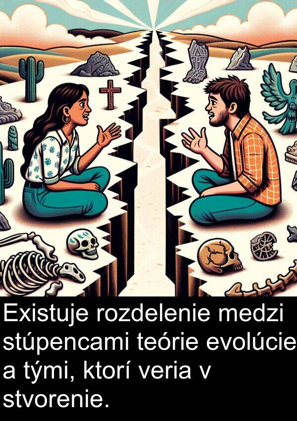 evolúcie: Existuje rozdelenie medzi stúpencami teórie evolúcie a tými, ktorí veria v stvorenie.