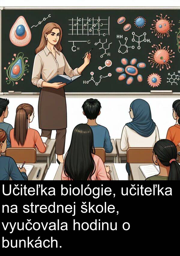 biológie: Učiteľka biológie, učiteľka na strednej škole, vyučovala hodinu o bunkách.