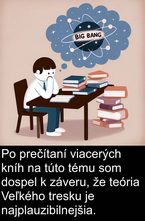 kníh: Po prečítaní viacerých kníh na túto tému som dospel k záveru, že teória Veľkého tresku je najplauzibilnejšia.