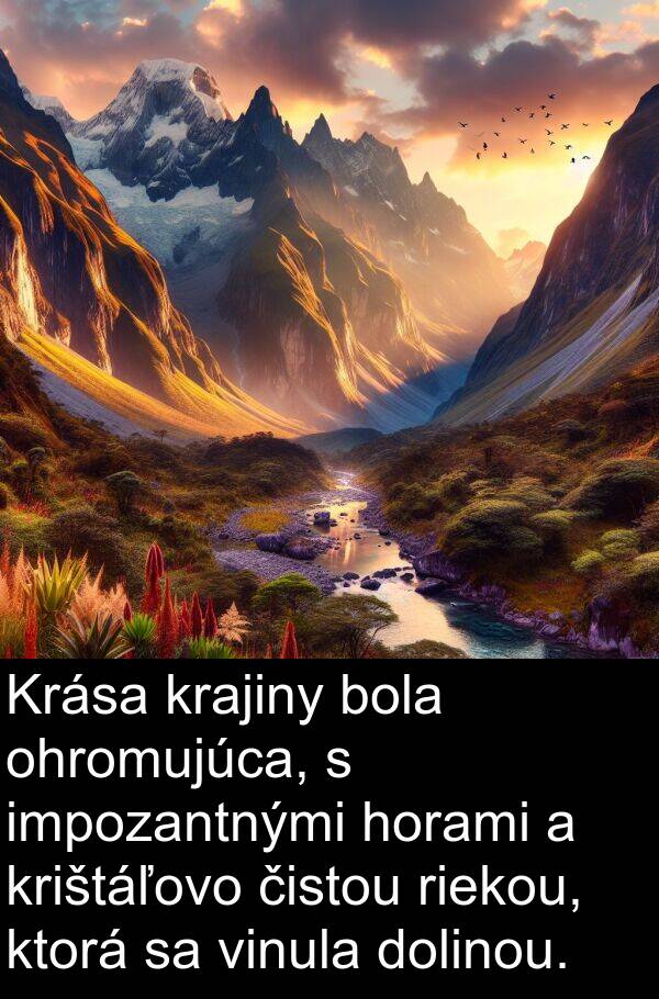 horami: Krása krajiny bola ohromujúca, s impozantnými horami a krištáľovo čistou riekou, ktorá sa vinula dolinou.