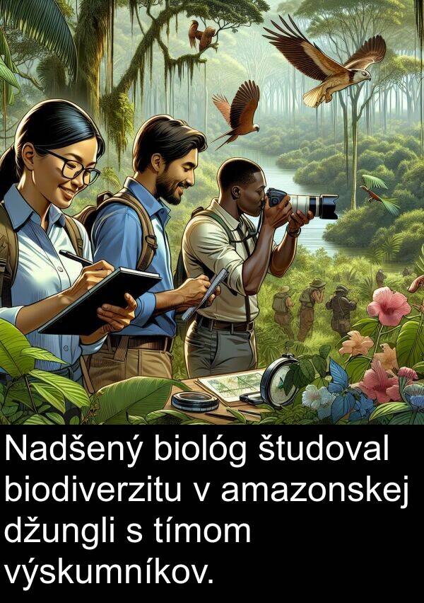 biológ: Nadšený biológ študoval biodiverzitu v amazonskej džungli s tímom výskumníkov.