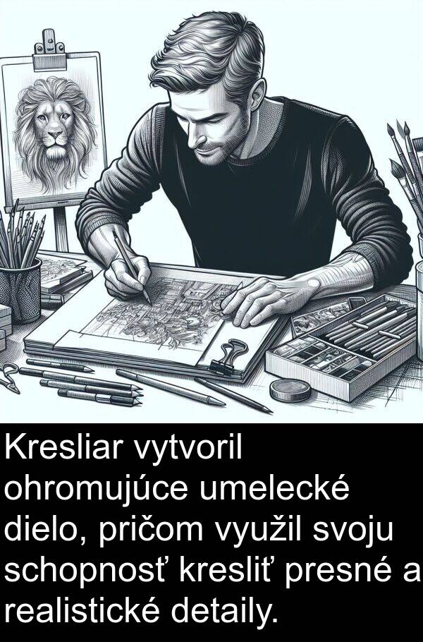 presné: Kresliar vytvoril ohromujúce umelecké dielo, pričom využil svoju schopnosť kresliť presné a realistické detaily.