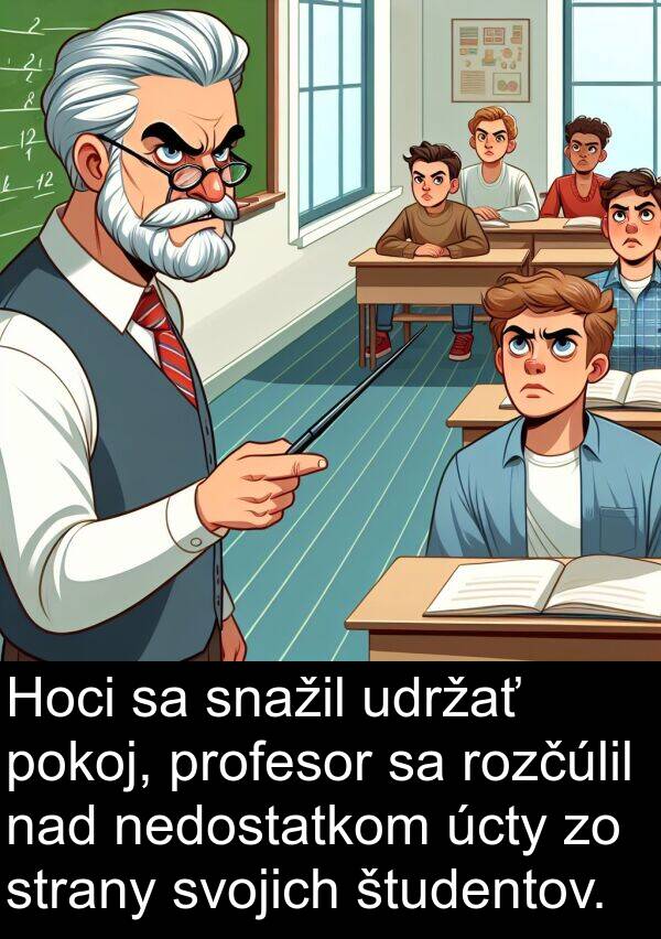 pokoj: Hoci sa snažil udržať pokoj, profesor sa rozčúlil nad nedostatkom úcty zo strany svojich študentov.