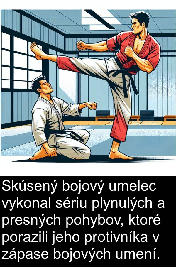 pohybov: Skúsený bojový umelec vykonal sériu plynulých a presných pohybov, ktoré porazili jeho protivníka v zápase bojových umení.