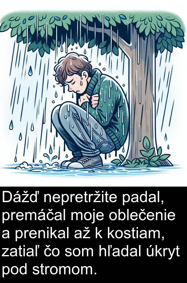 pod: Dážď nepretržite padal, premáčal moje oblečenie a prenikal až k kostiam, zatiaľ čo som hľadal úkryt pod stromom.