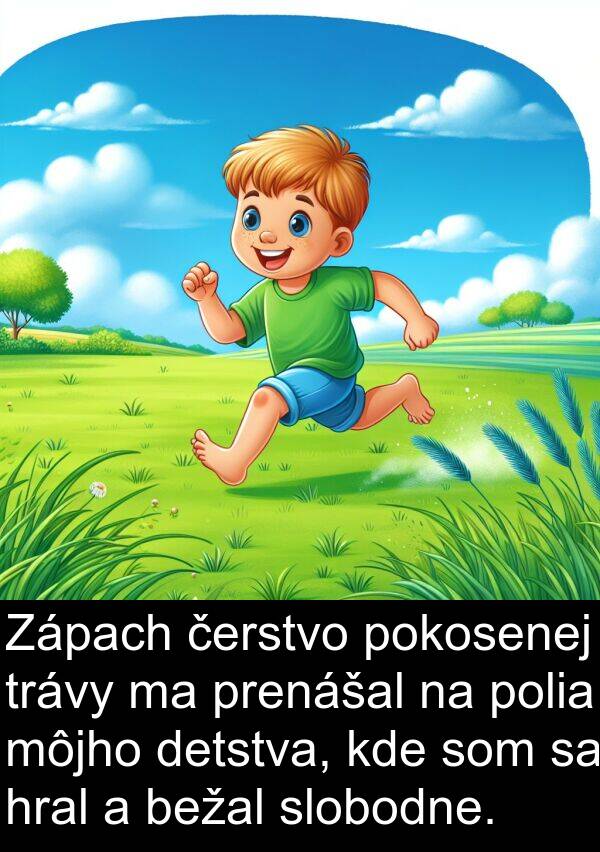 bežal: Zápach čerstvo pokosenej trávy ma prenášal na polia môjho detstva, kde som sa hral a bežal slobodne.