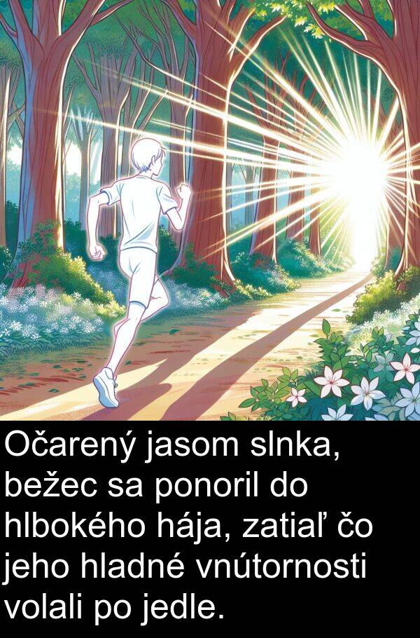 bežec: Očarený jasom slnka, bežec sa ponoril do hlbokého hája, zatiaľ čo jeho hladné vnútornosti volali po jedle.