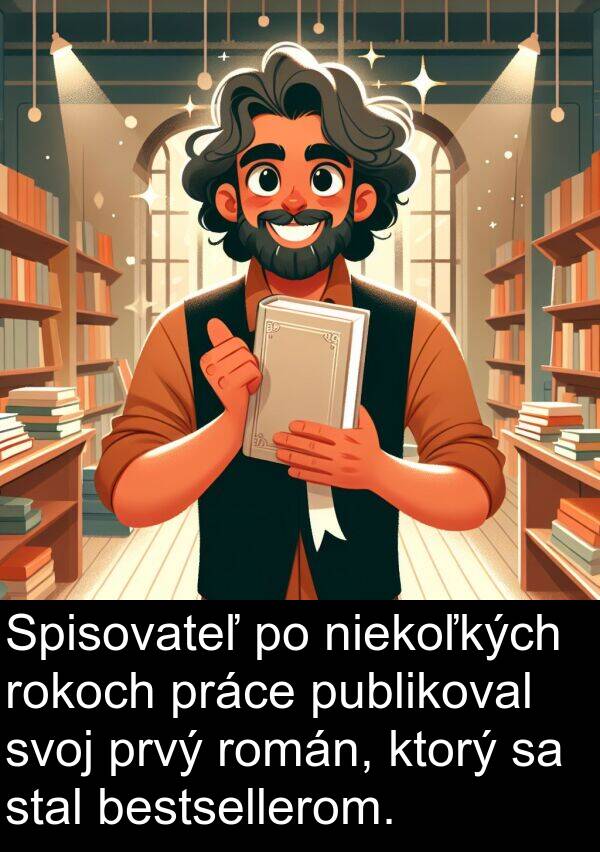 bestsellerom: Spisovateľ po niekoľkých rokoch práce publikoval svoj prvý román, ktorý sa stal bestsellerom.