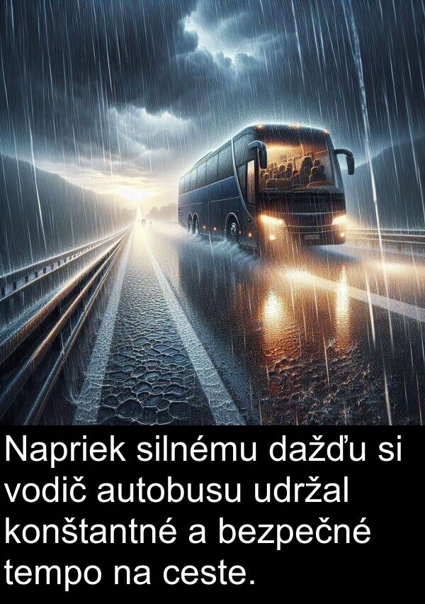 bezpečné: Napriek silnému dažďu si vodič autobusu udržal konštantné a bezpečné tempo na ceste.