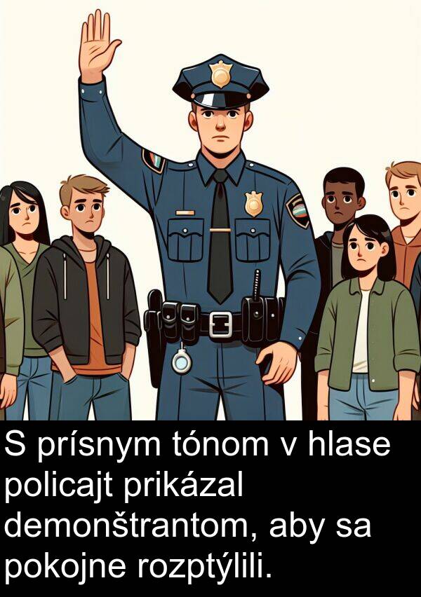 pokojne: S prísnym tónom v hlase policajt prikázal demonštrantom, aby sa pokojne rozptýlili.