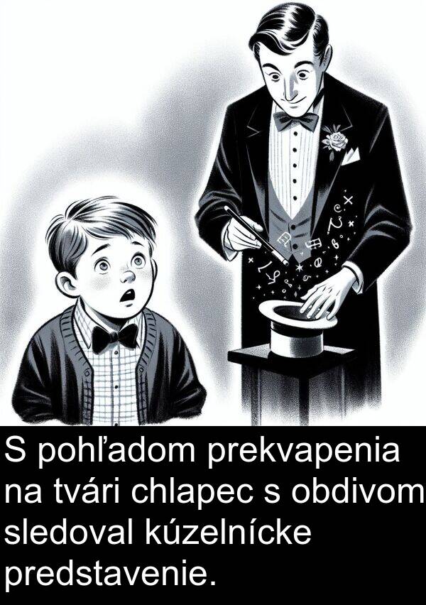 pohľadom: S pohľadom prekvapenia na tvári chlapec s obdivom sledoval kúzelnícke predstavenie.