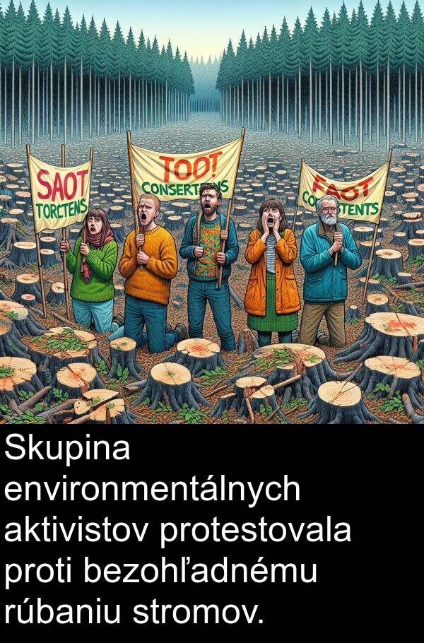 bezohľadnému: Skupina environmentálnych aktivistov protestovala proti bezohľadnému rúbaniu stromov.