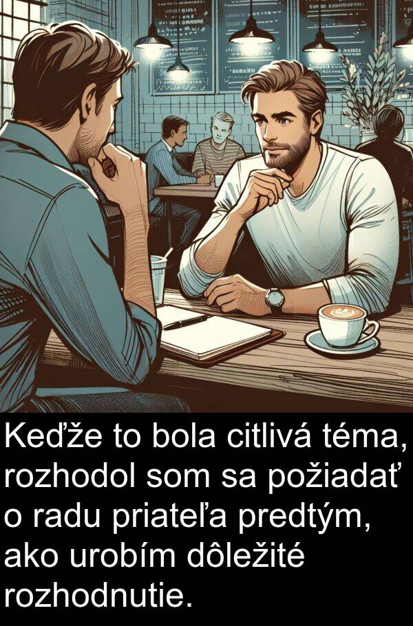 priateľa: Keďže to bola citlivá téma, rozhodol som sa požiadať o radu priateľa predtým, ako urobím dôležité rozhodnutie.