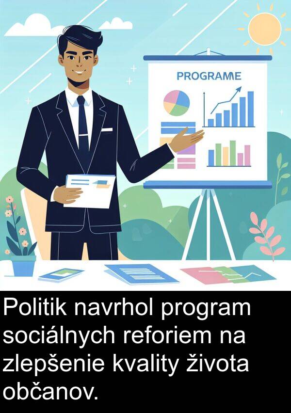 program: Politik navrhol program sociálnych reforiem na zlepšenie kvality života občanov.