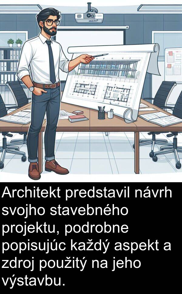 projektu: Architekt predstavil návrh svojho stavebného projektu, podrobne popisujúc každý aspekt a zdroj použitý na jeho výstavbu.