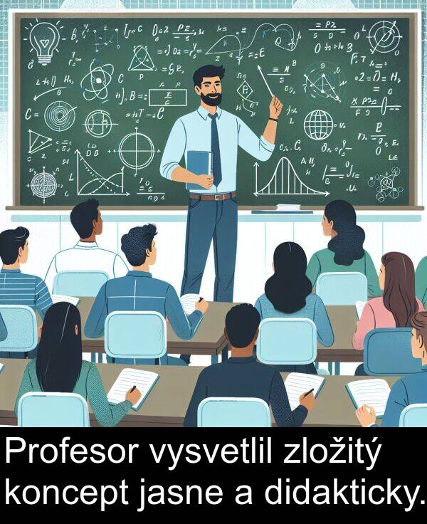 vysvetlil: Profesor vysvetlil zložitý koncept jasne a didakticky.