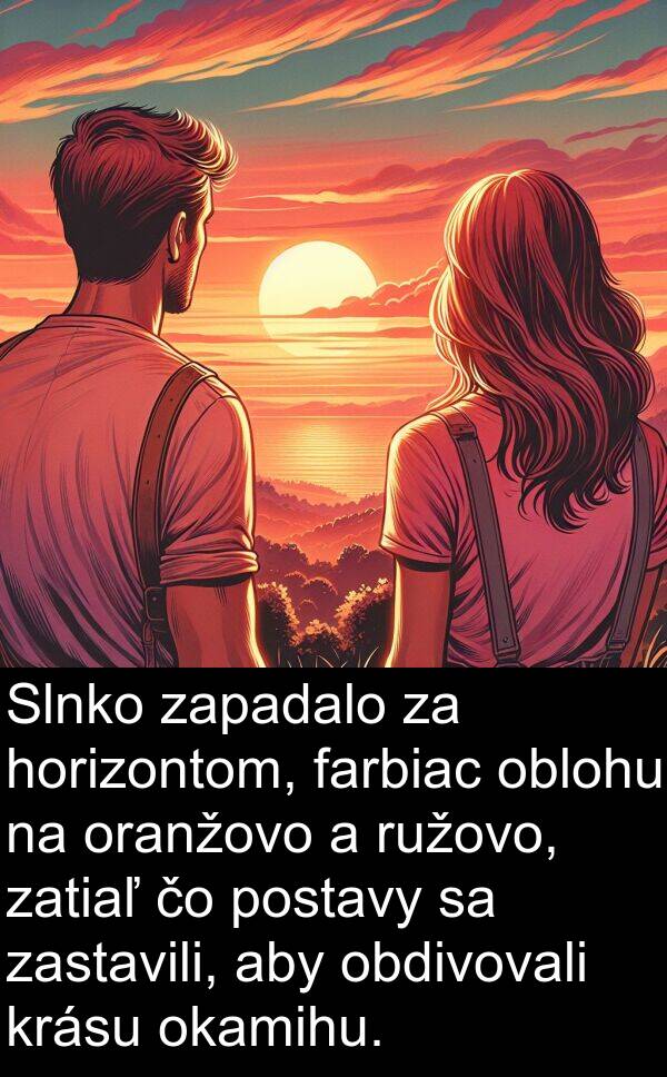 obdivovali: Slnko zapadalo za horizontom, farbiac oblohu na oranžovo a ružovo, zatiaľ čo postavy sa zastavili, aby obdivovali krásu okamihu.