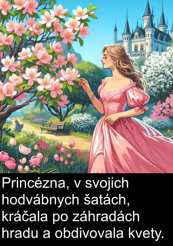 šatách: Princézna, v svojich hodvábnych šatách, kráčala po záhradách hradu a obdivovala kvety.