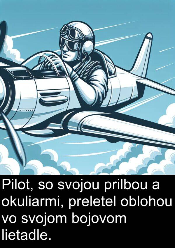 bojovom: Pilot, so svojou prilbou a okuliarmi, preletel oblohou vo svojom bojovom lietadle.