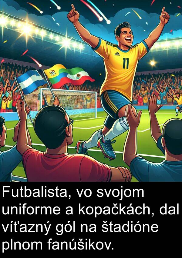 plnom: Futbalista, vo svojom uniforme a kopačkách, dal víťazný gól na štadióne plnom fanúšikov.