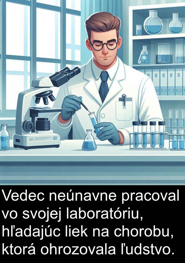 hľadajúc: Vedec neúnavne pracoval vo svojej laboratóriu, hľadajúc liek na chorobu, ktorá ohrozovala ľudstvo.