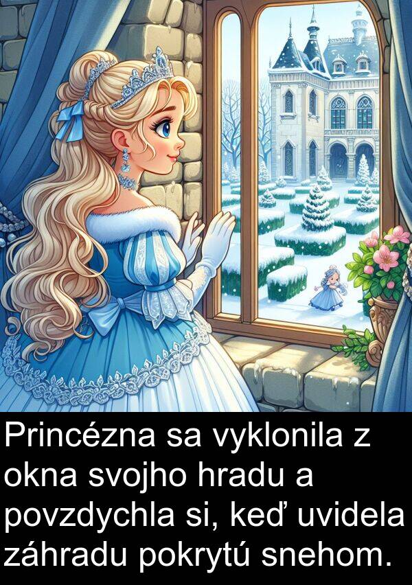 si: Princézna sa vyklonila z okna svojho hradu a povzdychla si, keď uvidela záhradu pokrytú snehom.