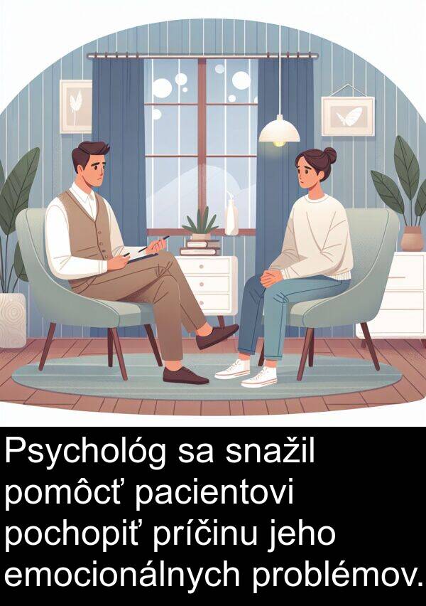 pacientovi: Psychológ sa snažil pomôcť pacientovi pochopiť príčinu jeho emocionálnych problémov.