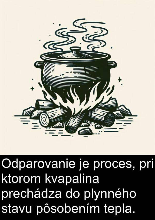 pôsobením: Odparovanie je proces, pri ktorom kvapalina prechádza do plynného stavu pôsobením tepla.