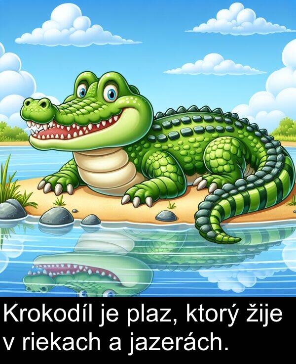 ktorý: Krokodíl je plaz, ktorý žije v riekach a jazerách.