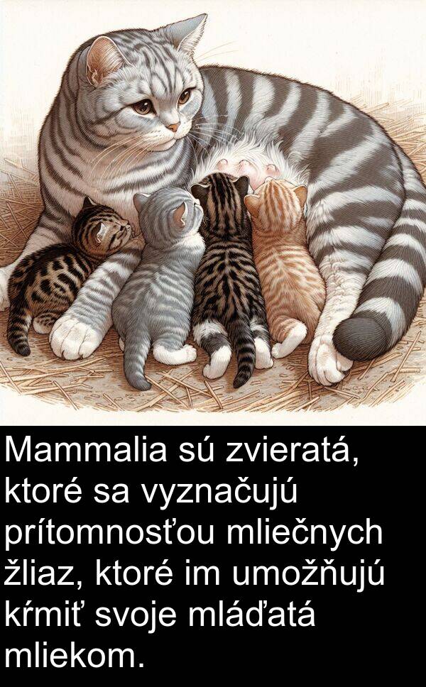 prítomnosťou: Mammalia sú zvieratá, ktoré sa vyznačujú prítomnosťou mliečnych žliaz, ktoré im umožňujú kŕmiť svoje mláďatá mliekom.