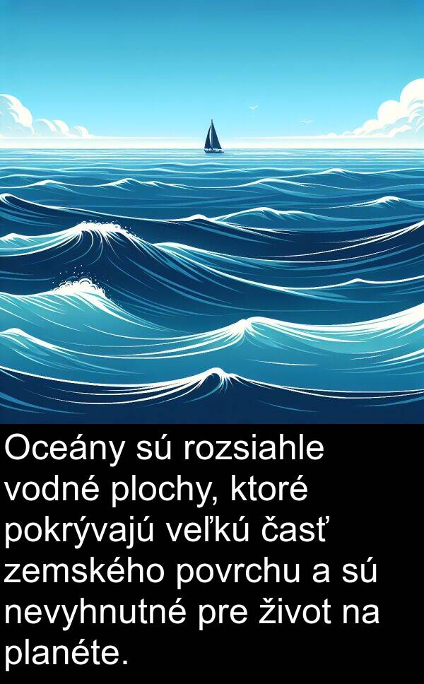 časť: Oceány sú rozsiahle vodné plochy, ktoré pokrývajú veľkú časť zemského povrchu a sú nevyhnutné pre život na planéte.