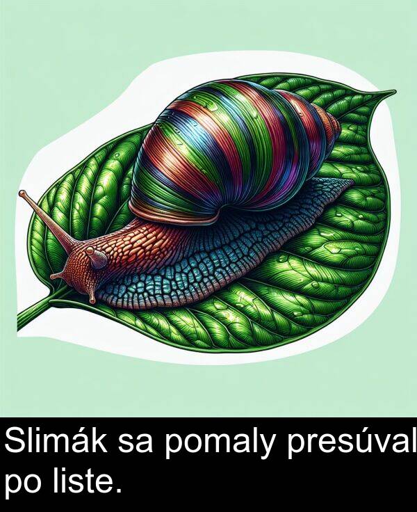 presúval: Slimák sa pomaly presúval po liste.