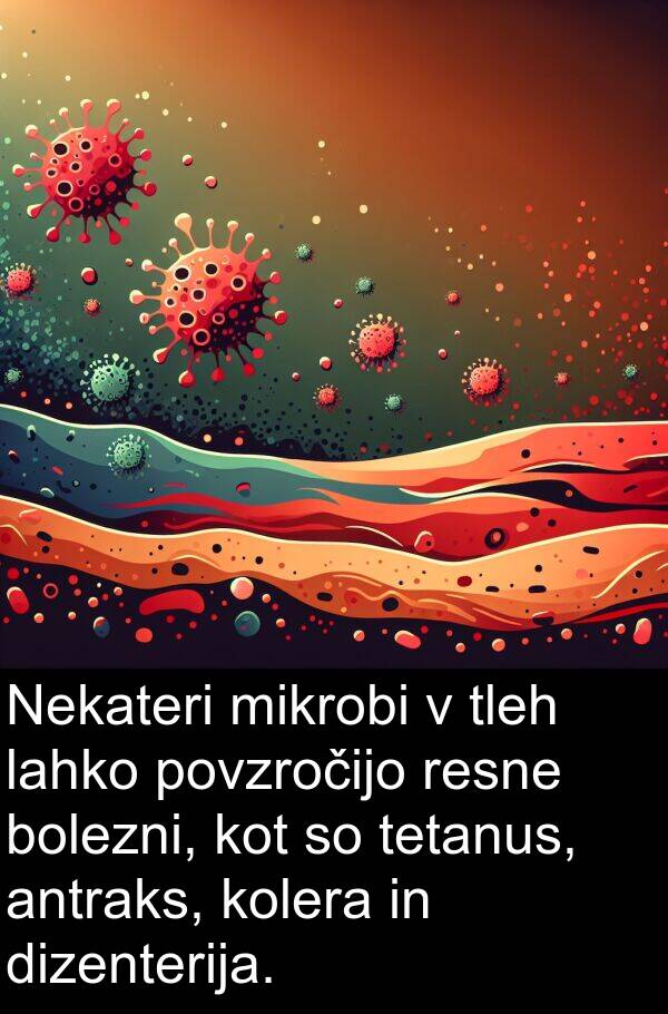 tetanus: Nekateri mikrobi v tleh lahko povzročijo resne bolezni, kot so tetanus, antraks, kolera in dizenterija.