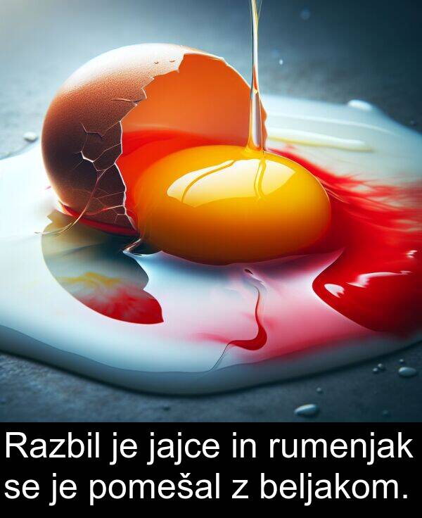 jajce: Razbil je jajce in rumenjak se je pomešal z beljakom.