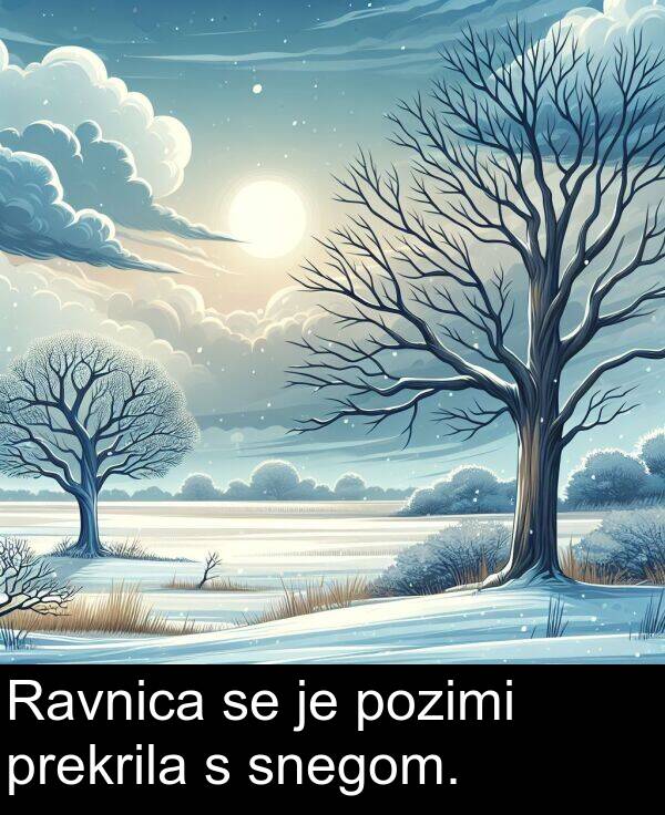 snegom: Ravnica se je pozimi prekrila s snegom.