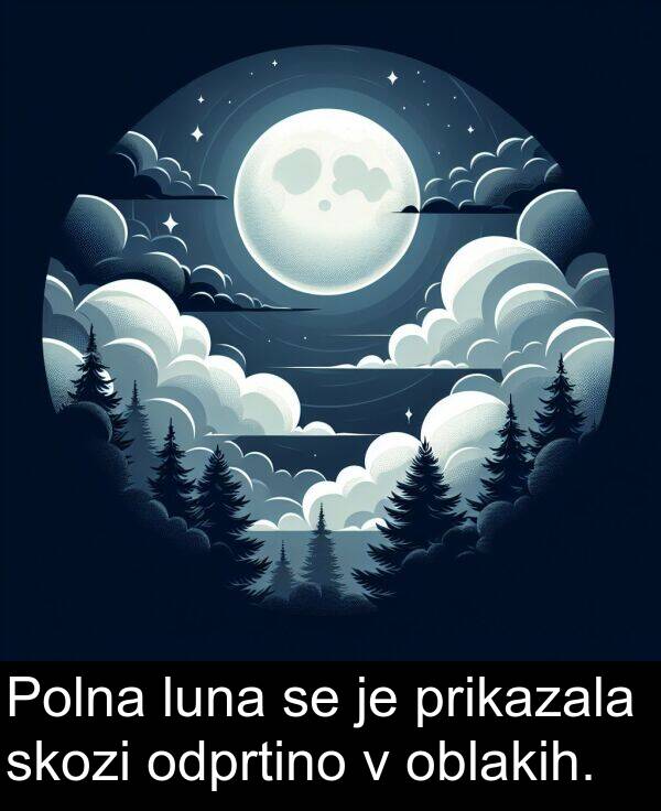 prikazala: Polna luna se je prikazala skozi odprtino v oblakih.