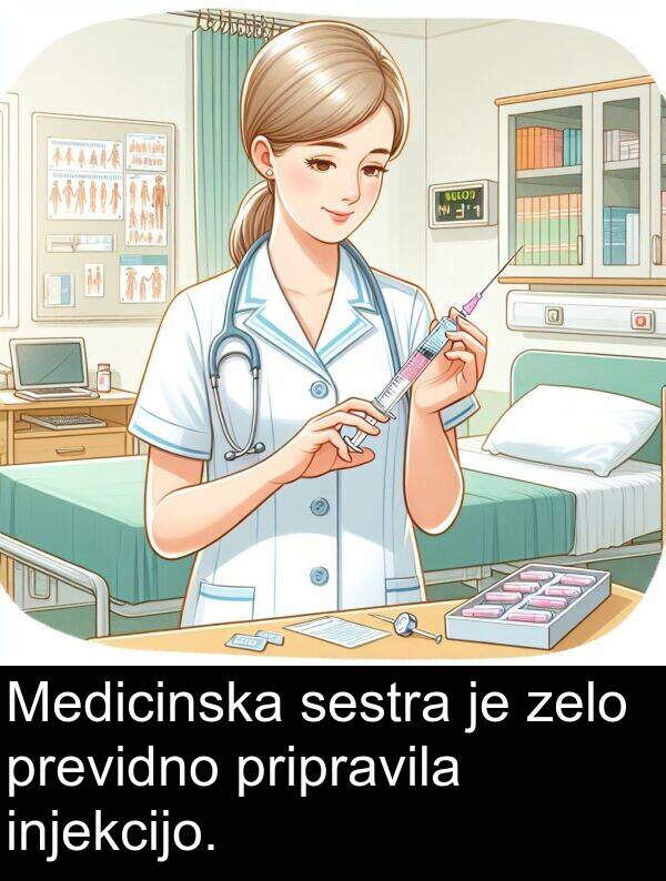 sestra: Medicinska sestra je zelo previdno pripravila injekcijo.