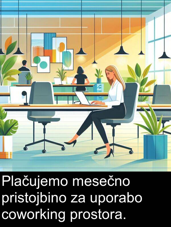 mesečno: Plačujemo mesečno pristojbino za uporabo coworking prostora.