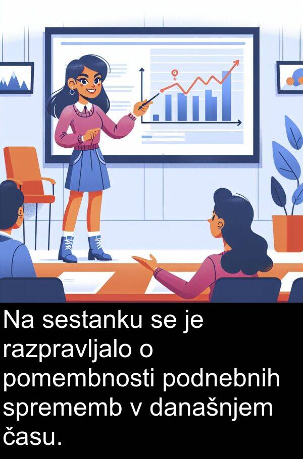 času: Na sestanku se je razpravljalo o pomembnosti podnebnih sprememb v današnjem času.