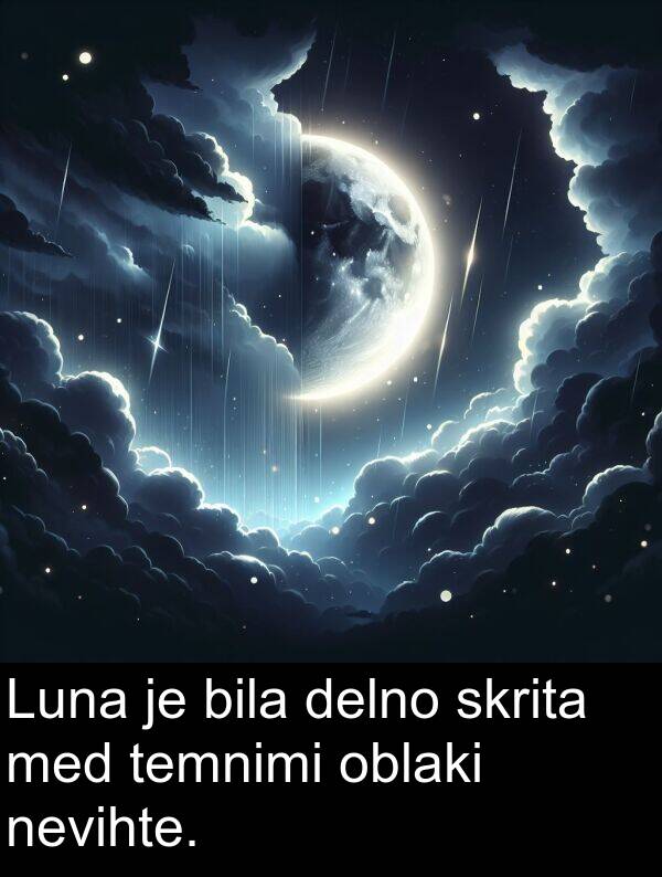 med: Luna je bila delno skrita med temnimi oblaki nevihte.