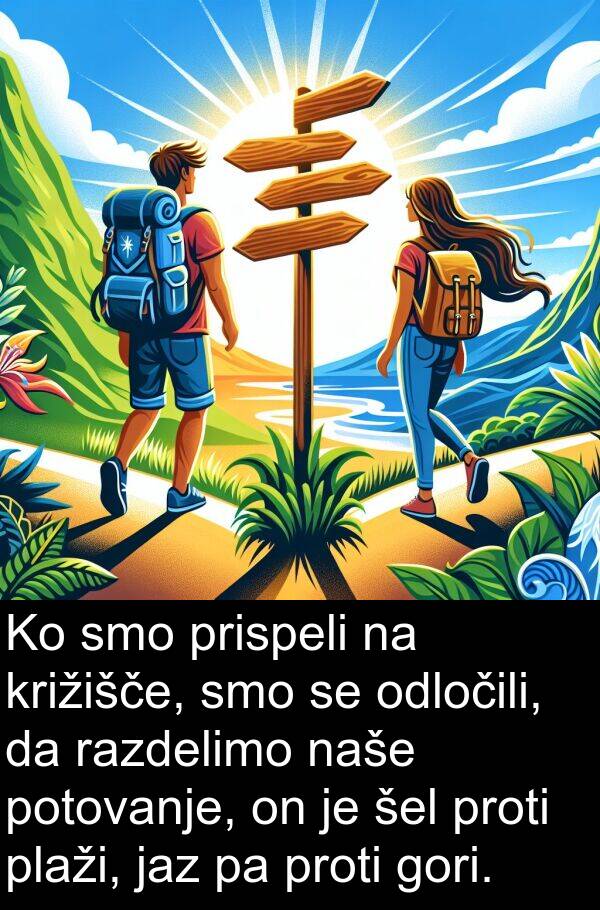 šel: Ko smo prispeli na križišče, smo se odločili, da razdelimo naše potovanje, on je šel proti plaži, jaz pa proti gori.