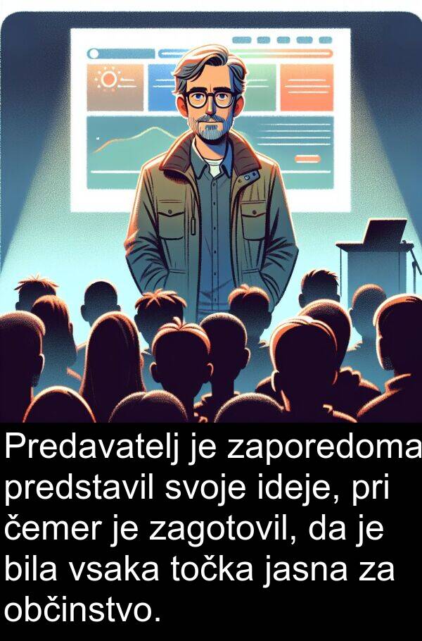 čemer: Predavatelj je zaporedoma predstavil svoje ideje, pri čemer je zagotovil, da je bila vsaka točka jasna za občinstvo.