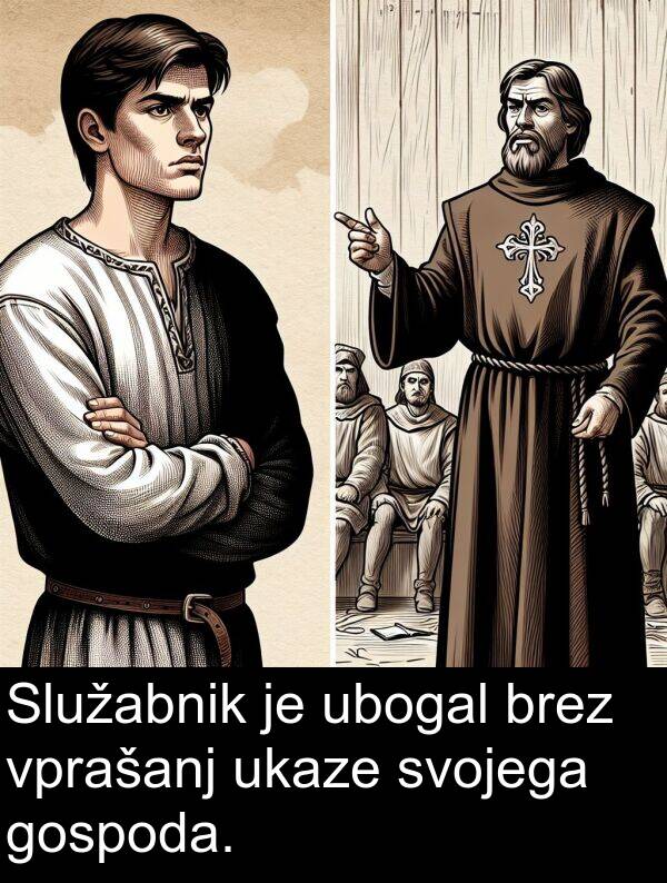 ukaze: Služabnik je ubogal brez vprašanj ukaze svojega gospoda.